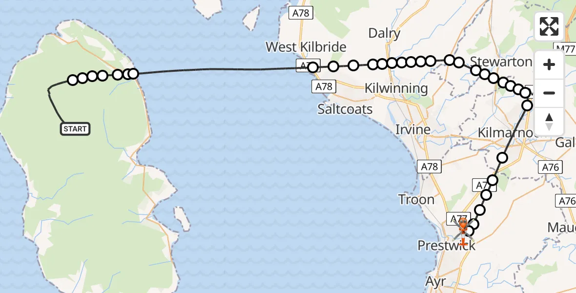 Flight route Coastguard Helicopter North Ayrshire - Glasgow Prestwick Airport, 10 August 2026, 14:05