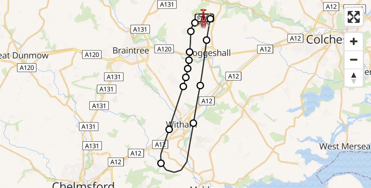 Flight route Air Ambulance Helicopter Earls Colne Airfield - Earls Colne Airfield, 10 August 2026, 14:15