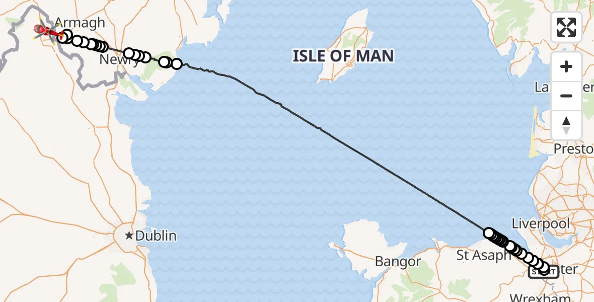 Flight route Air Ambulance Helicopter Hawarden Airport - Glaslough ED, 10 August 2026, 14:16