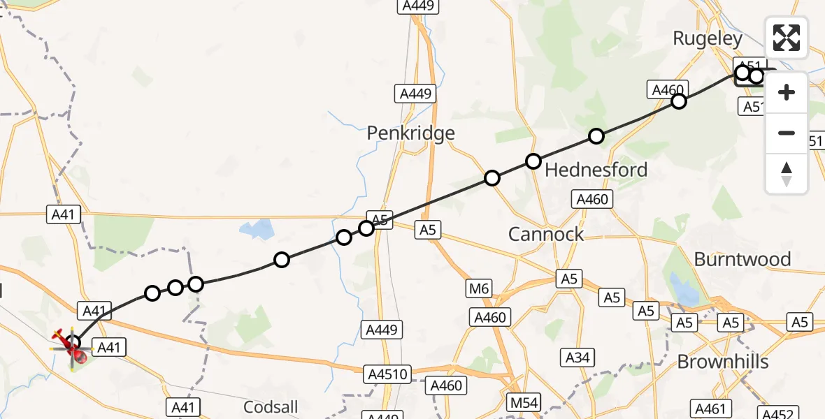 Flight route Air Ambulance Helicopter Armitage - Cosford, 10 August 2026, 14:20