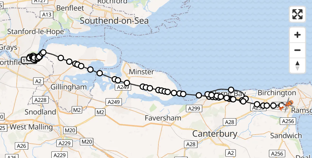 Flight route Coastguard Helicopter Gravesend - Manston Airport, 10 August 2026, 14:20