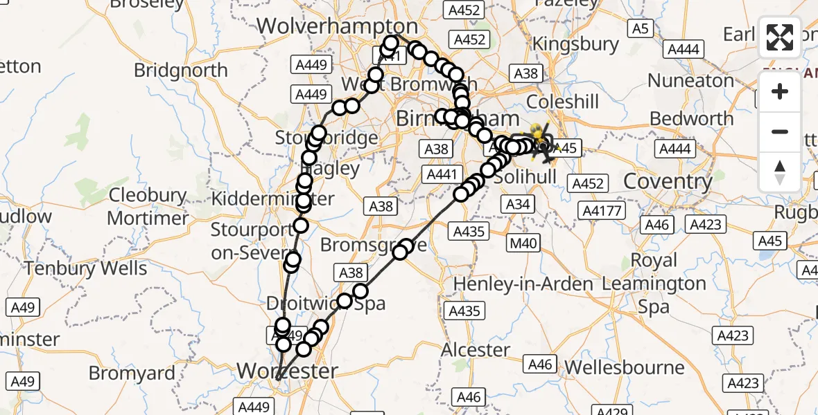 Flight route Police Helicopter Birmingham Airport - Birmingham Airport, 10 August 2026, 14:23