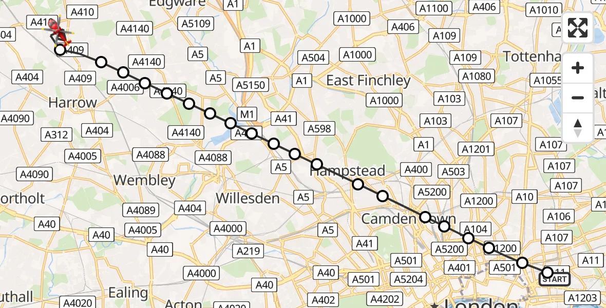 Flight route Air Ambulance Helicopter Royal London Hospital - Harrow Weald, 10 August 2026, 14:24