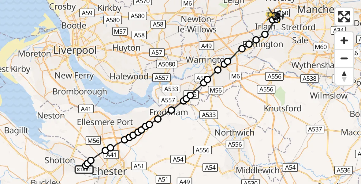 Flight route Police Helicopter Sealand - Manchester Barton Aerodrome, 10 August 2026, 14:25