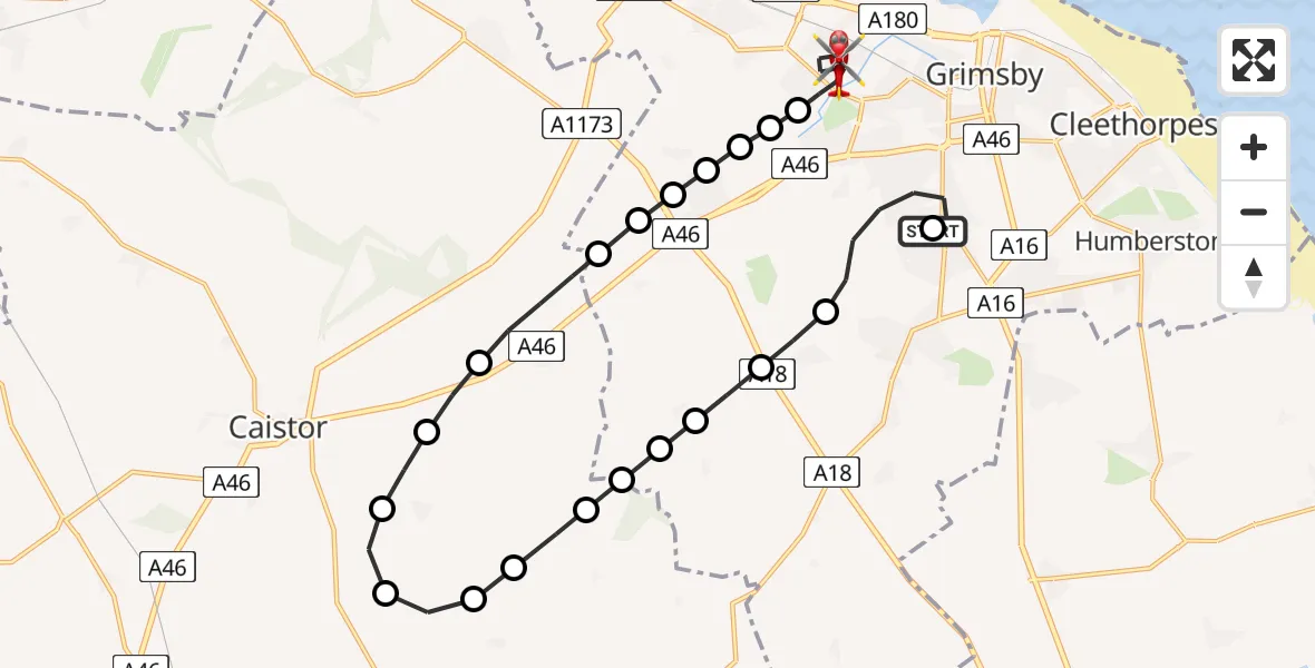 Flight route Air Ambulance Helicopter Scartho - Grimsby, 10 August 2026, 14:41