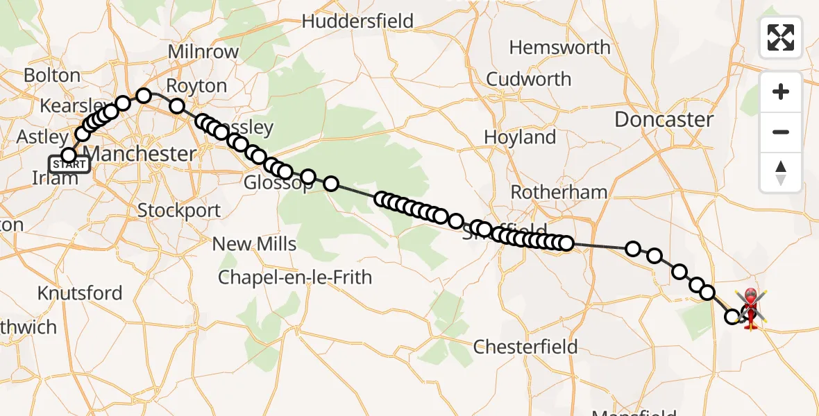 Flight route Air Ambulance Helicopter Manchester Barton Aerodrome - Retford Gamston Airport, 10 August 2026, 14:55