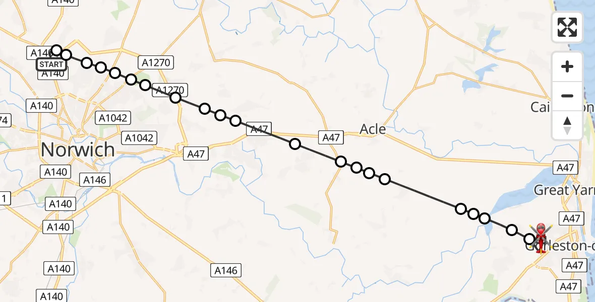 Flight route Air Ambulance Helicopter Norwich Airport - Great Yarmouth, 10 August 2026, 15:08
