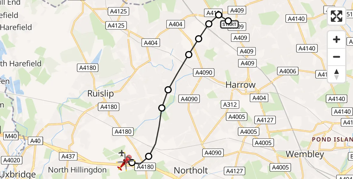 Flight route Air Ambulance Helicopter Harrow Weald - RAF Northolt, 10 August 2026, 15:12