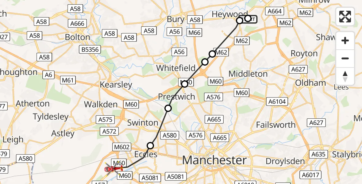 Flight route Air Ambulance Helicopter Rochdale - Irlam, 10 August 2026, 15:18