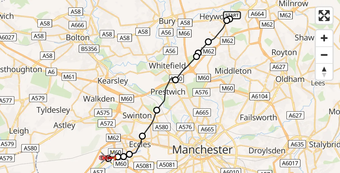 Flight route Air Ambulance Helicopter Rochdale - Manchester Barton Aerodrome, 10 August 2026, 15:19