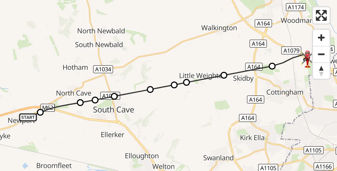 Flight route Air Ambulance Helicopter Newport - Cottingham, 10 August 2026, 15:19