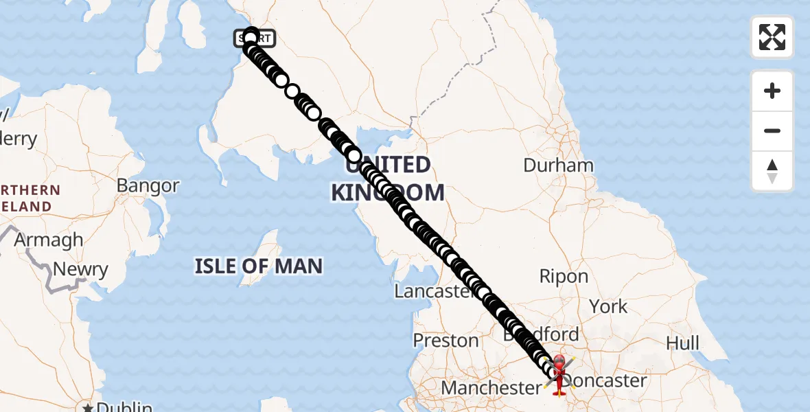 Flight route Air Ambulance Helicopter Glasgow Prestwick Airport - Barnsley, 10 August 2026, 15:20