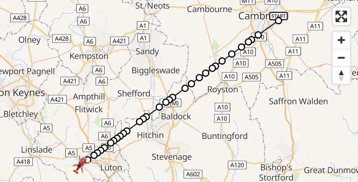 Flight route Air Ambulance Helicopter Cambridge City Airport - Dunstable, 10 August 2026, 15:20