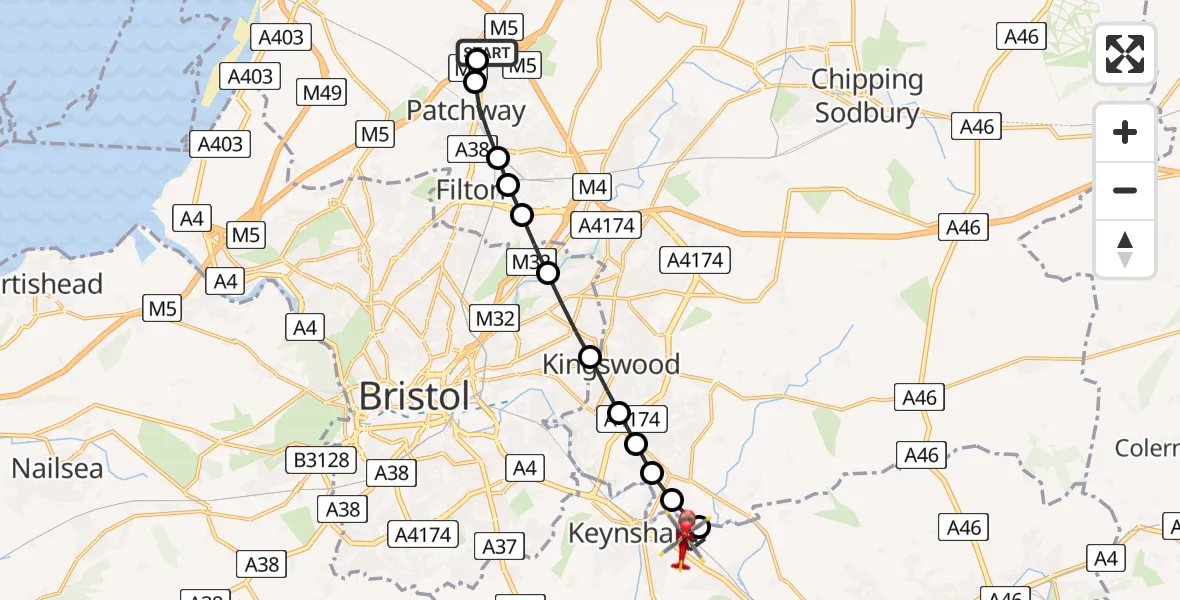 Flight route Air Ambulance Helicopter Almondsbury Helicopter Base - Keynsham, 10 August 2026, 15:24