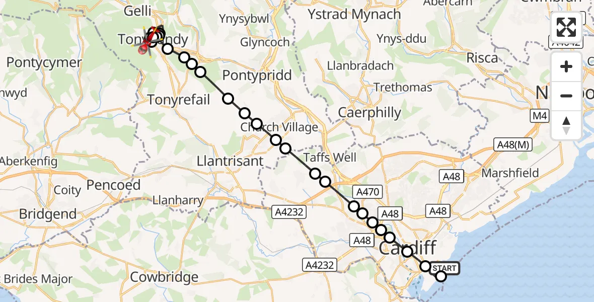 Flight route Air Ambulance Helicopter Cardiff Heliport - Tonypandy, 10 August 2026, 15:25