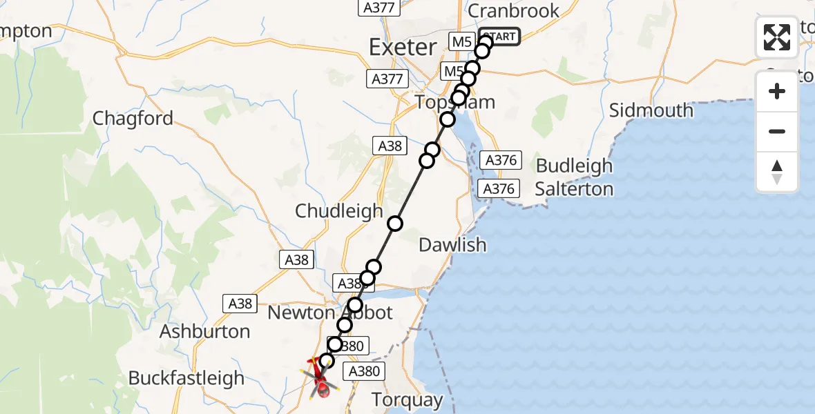Flight route Air Ambulance Helicopter Exeter International Airport - Teignbridge, 10 August 2026, 15:26