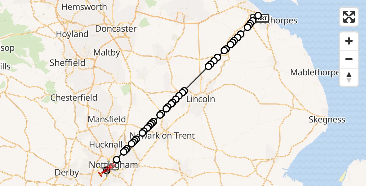 Flight route Air Ambulance Helicopter Grimsby - Beeston, 10 August 2026, 15:35