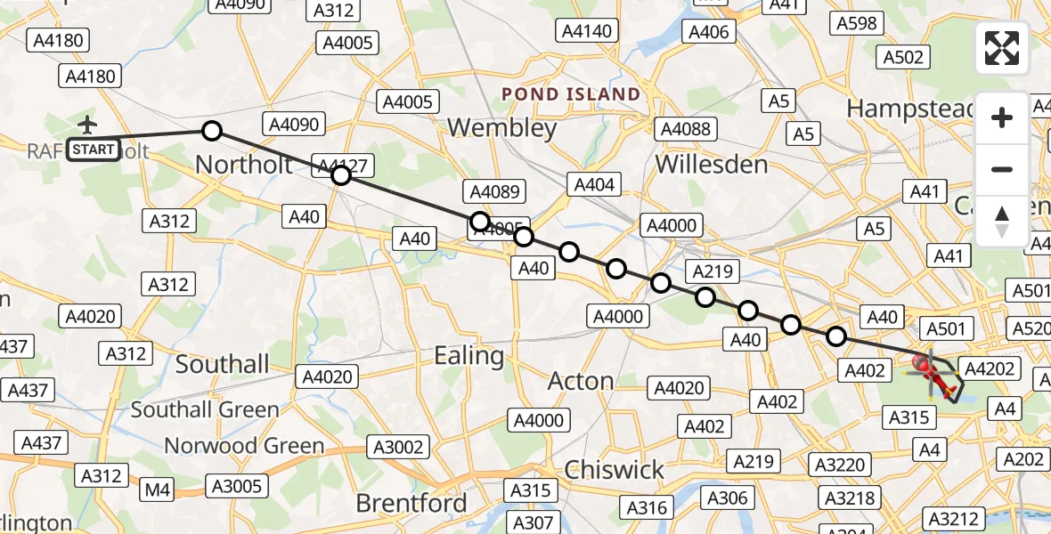 Flight route Air Ambulance Helicopter RAF Northolt - City of Westminster, 10 August 2026, 15:41