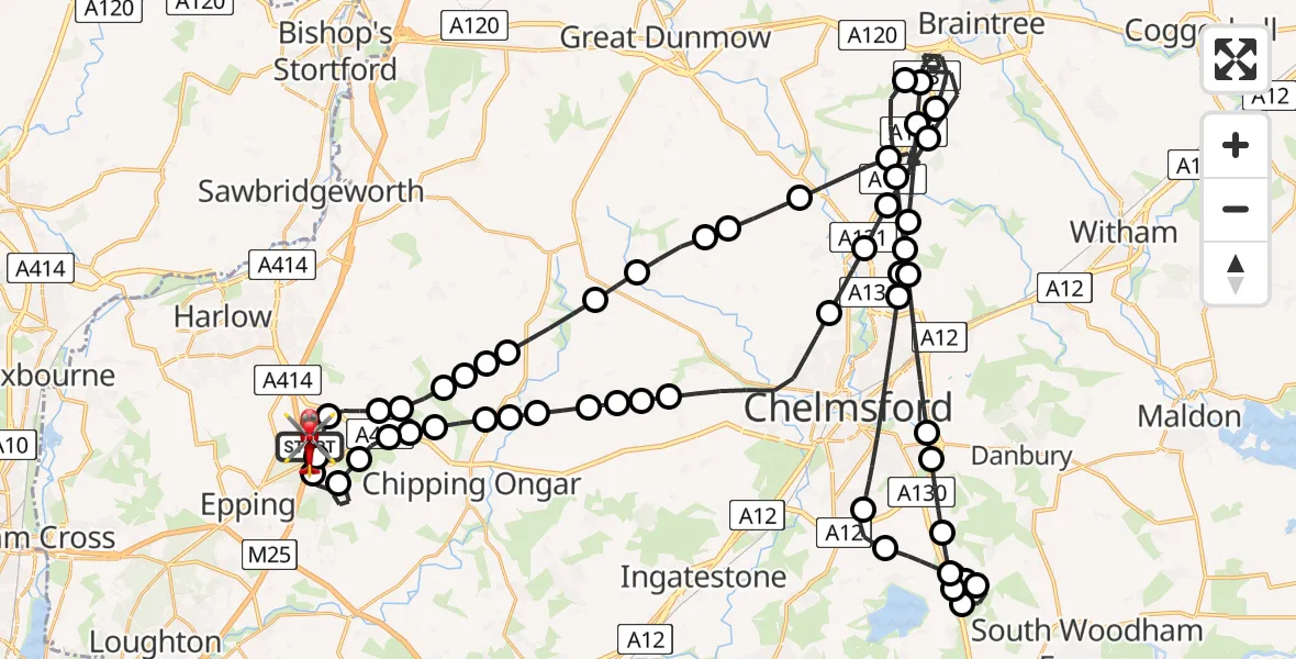 Flight route Air Ambulance Helicopter North Weald Airfield - North Weald Airfield, 10 August 2026, 15:47