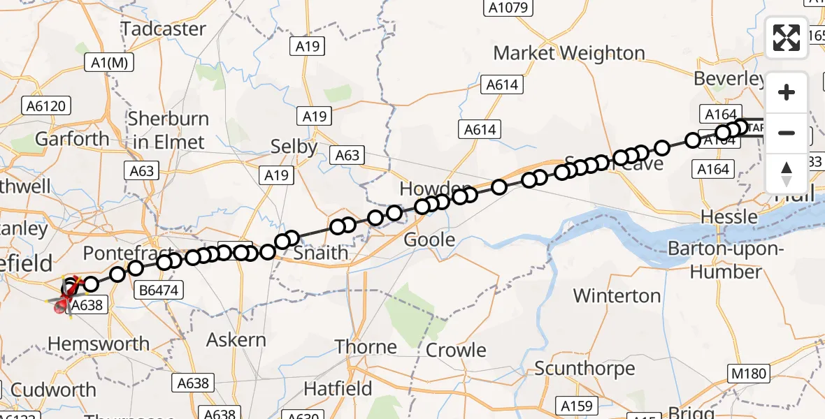 Flight route Air Ambulance Helicopter Cottingham - YAA Nostell Helicopter Port, 10 August 2026, 15:47