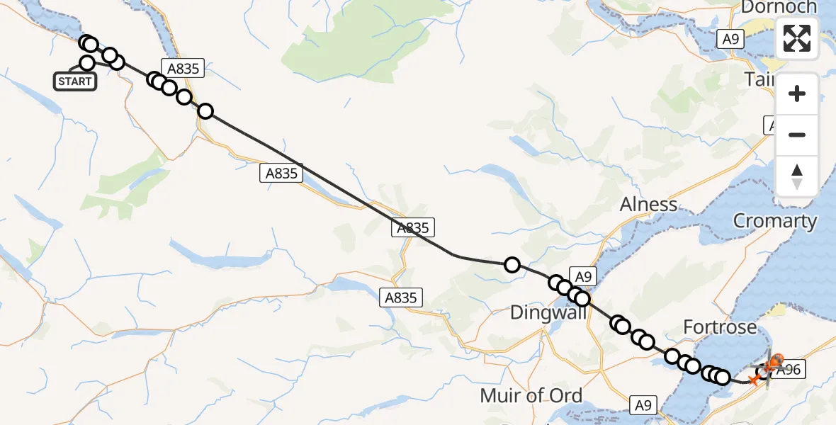 Flight route Coastguard Helicopter An Teallach - Inverness Airport, 10 August 2026, 15:50