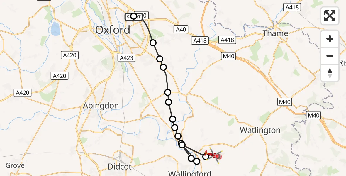 Flight route Air Ambulance Helicopter John Radcliffe Hospital - RAF Benson, 10 August 2026, 15:51