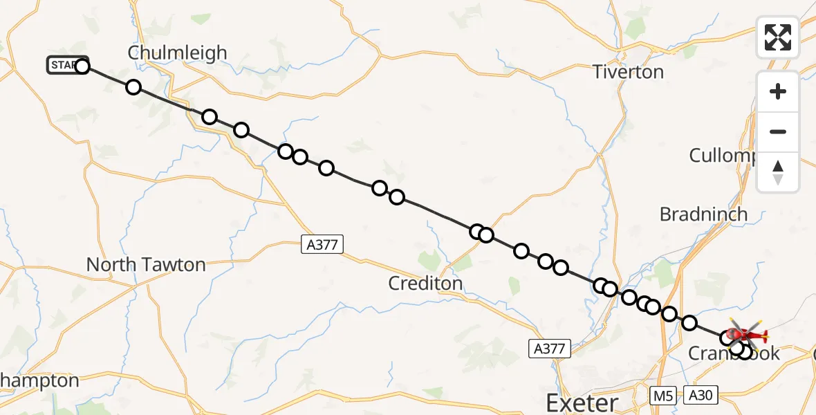 Flight route Air Ambulance Helicopter Riddlecombe - East Devon, 10 August 2026, 15:57