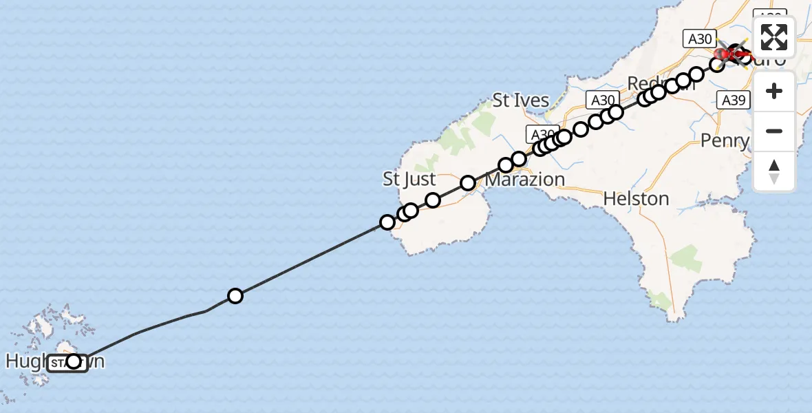 Flight route Air Ambulance Helicopter St. Mary's Airport - Treliske Hospital, 10 August 2026, 15:57