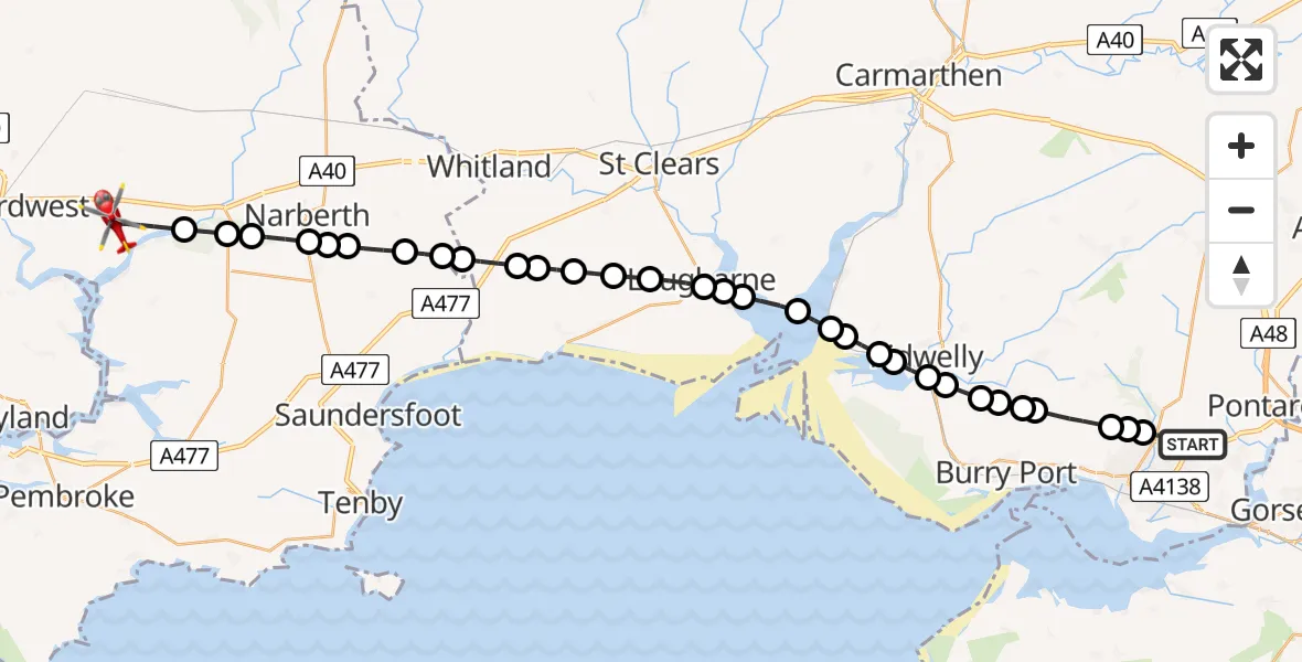 Flight route Air Ambulance Helicopter Dafen - Uzmaston, Boulston and Slebech, 10 August 2026, 16:07