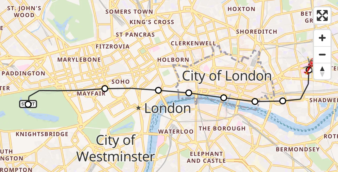 Flight route Air Ambulance Helicopter City of Westminster - Royal London Hospital, 10 August 2026, 16:10