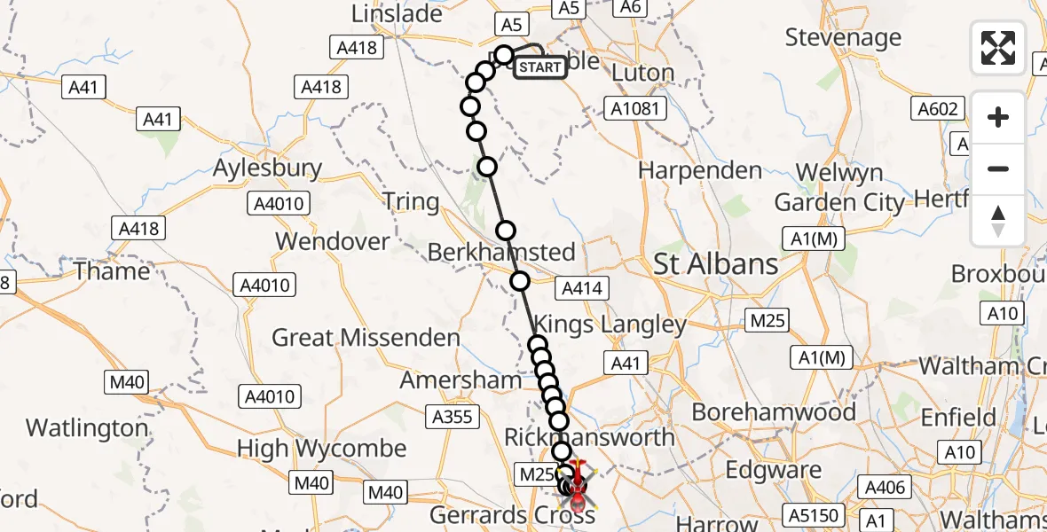 Flight route Air Ambulance Helicopter Dunstable - Harefield Hospital, 10 August 2026, 16:24
