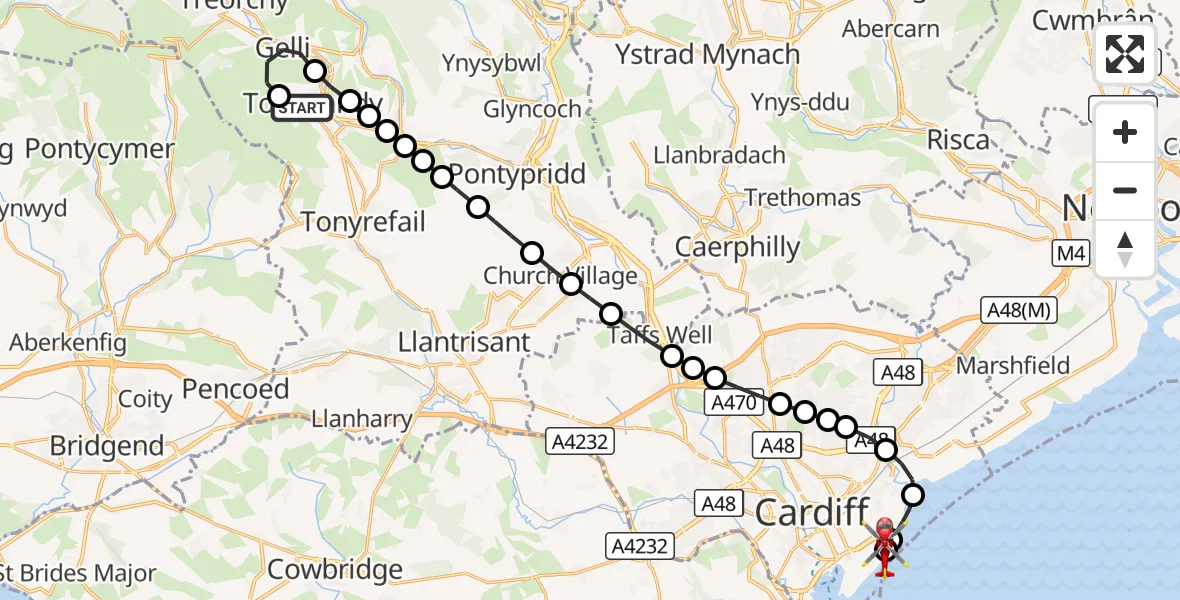 Flight route Air Ambulance Helicopter Tonypandy - Cardiff Heliport, 10 August 2026, 16:30