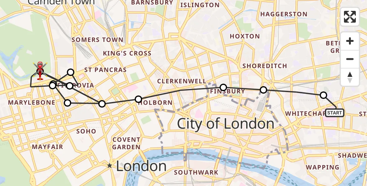 Flight route Air Ambulance Helicopter Royal London Hospital - City of Westminster, 10 August 2026, 16:33