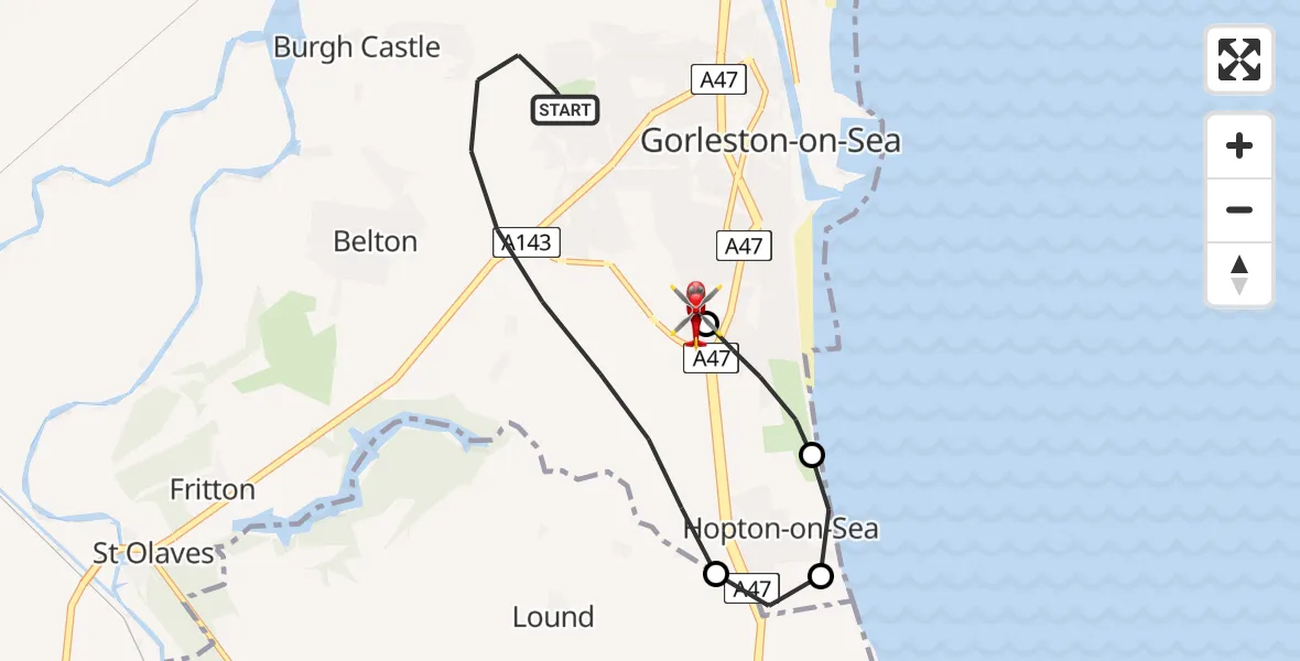 Flight route Air Ambulance Helicopter Great Yarmouth - James Paget Hospital, 10 August 2026, 16:33