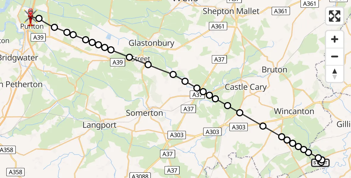 Flight route Air Ambulance Helicopter Henstridge Airfield - Puriton, 10 August 2026, 16:34