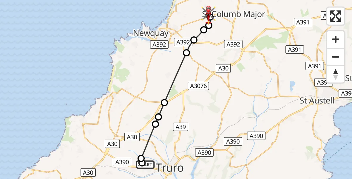 Flight route Air Ambulance Helicopter Treliske Hospital - Cornwall Airport Newquay, 10 August 2026, 16:37