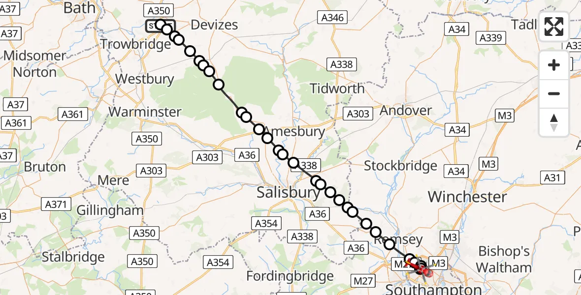 Flight route Air Ambulance Helicopter Wiltshire Air Ambulance - Lordshill, 10 August 2026, 16:41