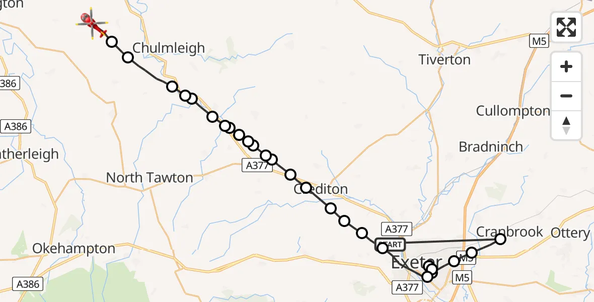 Flight route Air Ambulance Helicopter Exeter - Burrington, 10 August 2026, 16:49