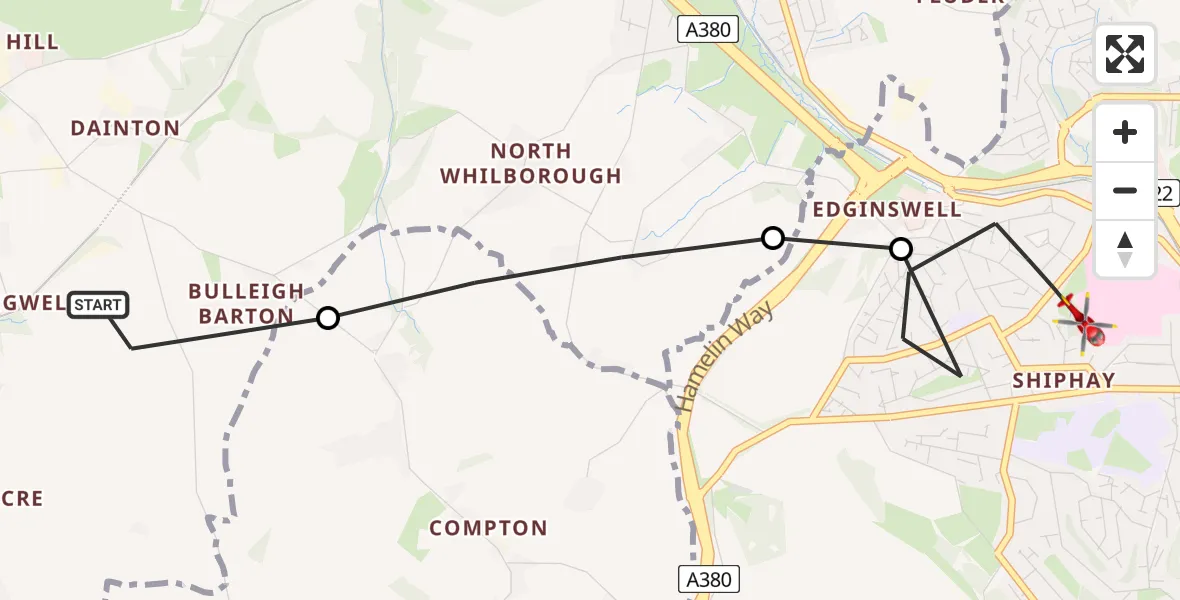 Flight route Air Ambulance Helicopter Teignbridge - Torquay, 10 August 2026, 16:49