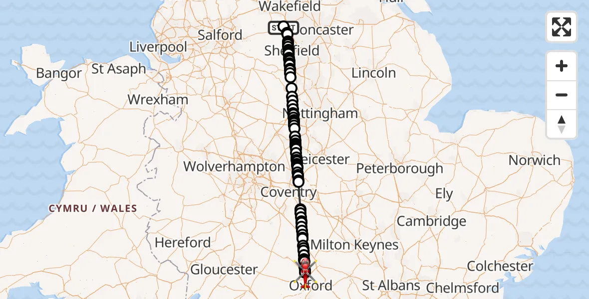 Flight route Air Ambulance Helicopter Barnsley - London Oxford Airport, 10 August 2026, 16:57