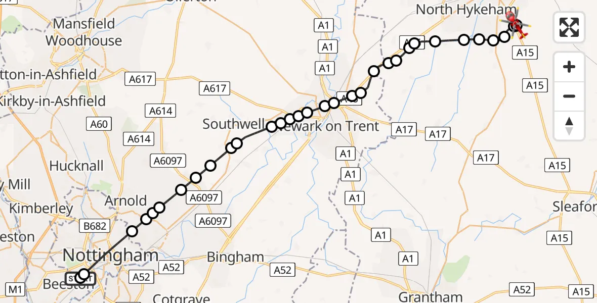 Flight route Air Ambulance Helicopter City of Nottingham - North Kesteven, 10 August 2026, 16:59