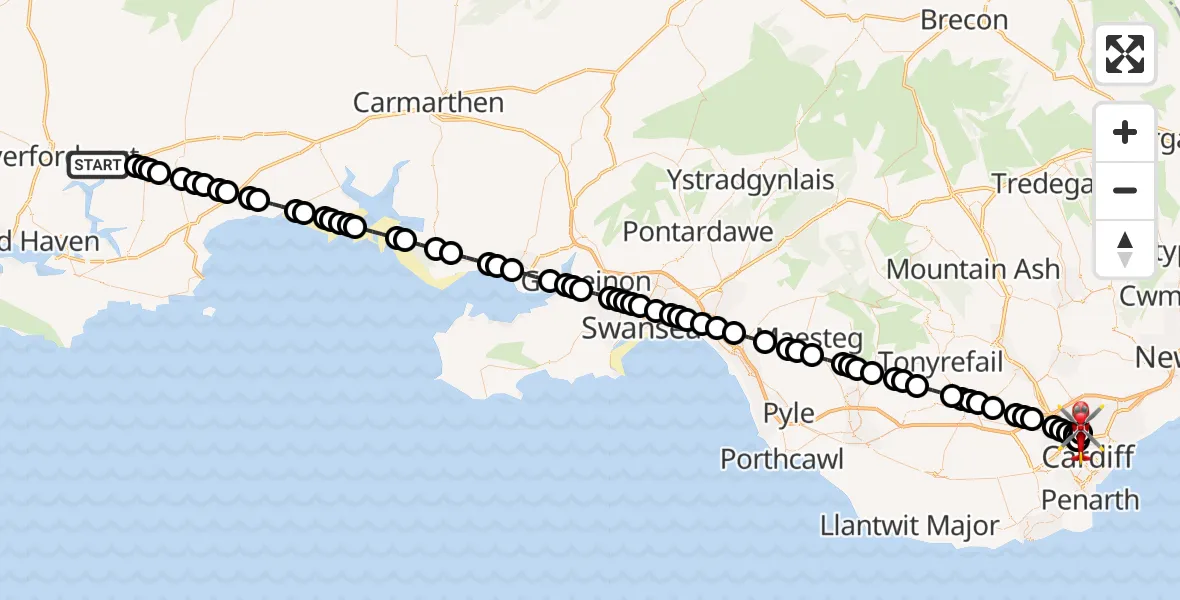 Flight route Air Ambulance Helicopter Uzmaston, Boulston and Slebech - Birchgrove, 10 August 2026, 17:10