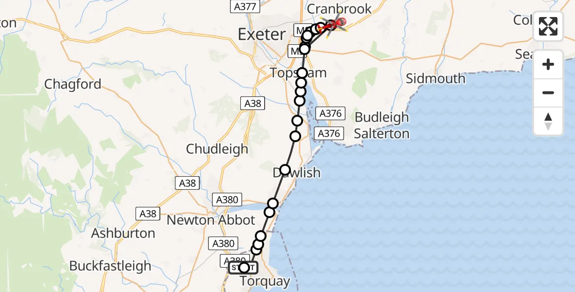 Flight route Air Ambulance Helicopter Torbay Hospital - Exeter International Airport, 10 August 2026, 17:19