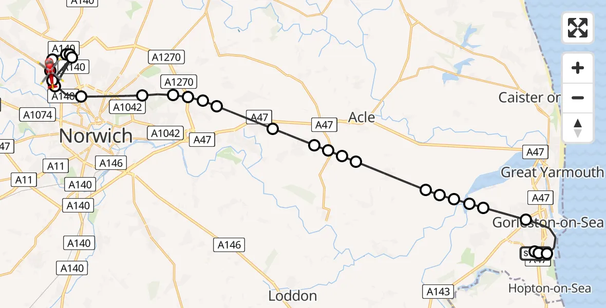 Flight route Air Ambulance Helicopter James Paget Hospital - Norwich, 10 August 2026, 17:27