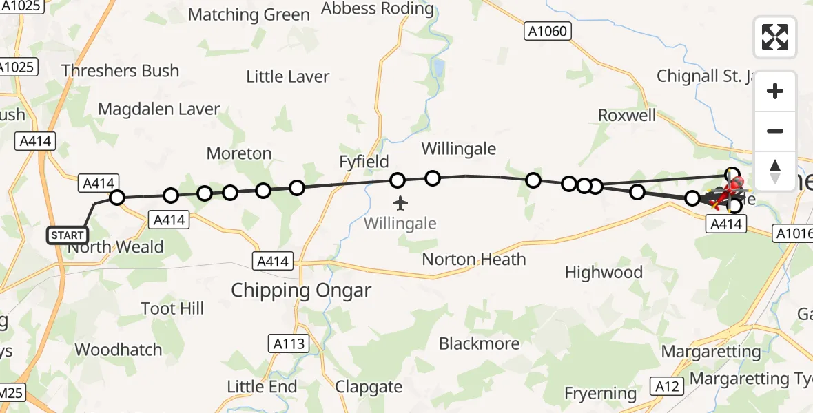Flight route Air Ambulance Helicopter North Weald Airfield - Writtle, 10 August 2026, 17:34