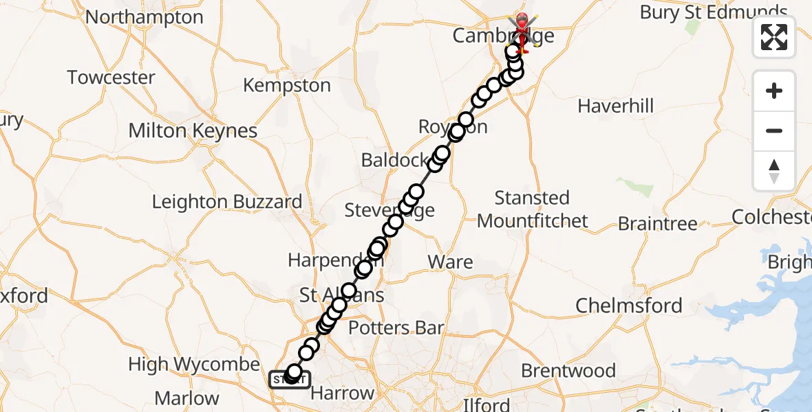 Flight route Air Ambulance Helicopter Harefield Hospital - Cambridge City Airport, 10 August 2026, 17:38