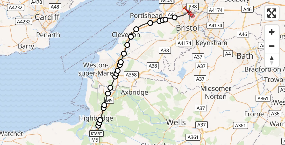 Flight route Air Ambulance Helicopter Puriton - Bristol, 10 August 2026, 17:39