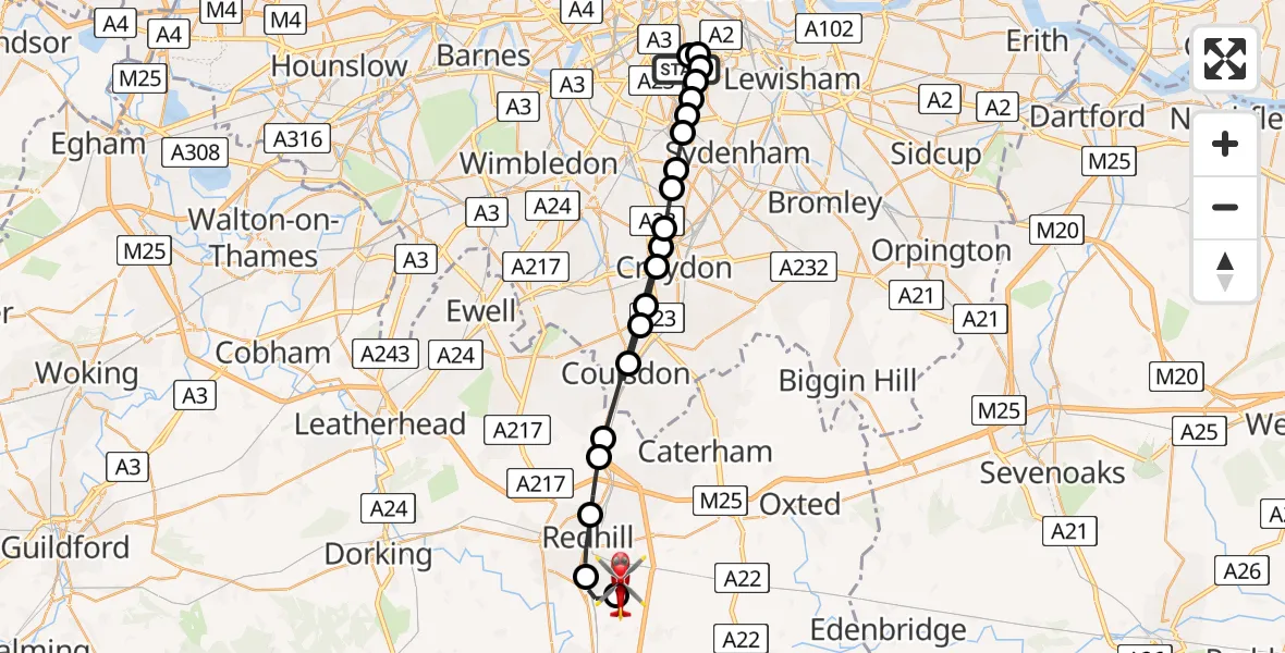 Flight route Air Ambulance Helicopter Kings College London Hospital - Redhill Aerodrome, 10 August 2026, 17:40