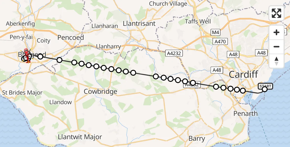 Flight route Air Ambulance Helicopter Cardiff Heliport - Newcastle, 10 August 2026, 17:43