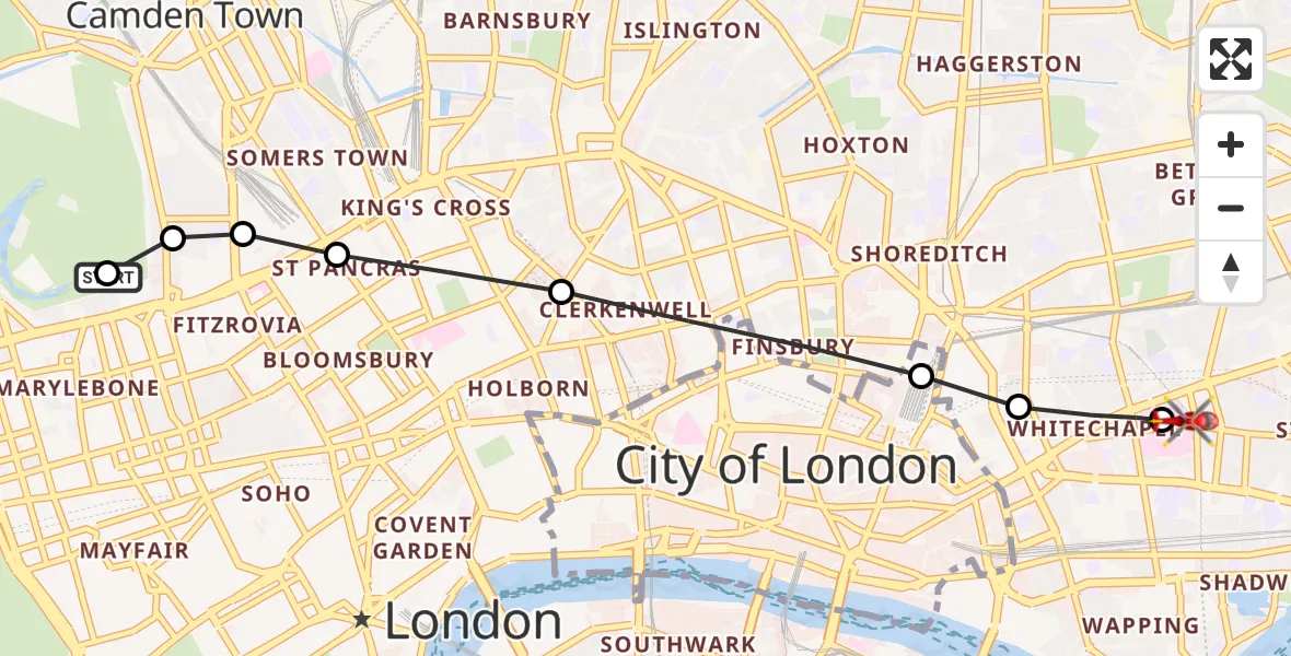 Flight route Air Ambulance Helicopter City of Westminster - Royal London Hospital, 10 August 2026, 17:58